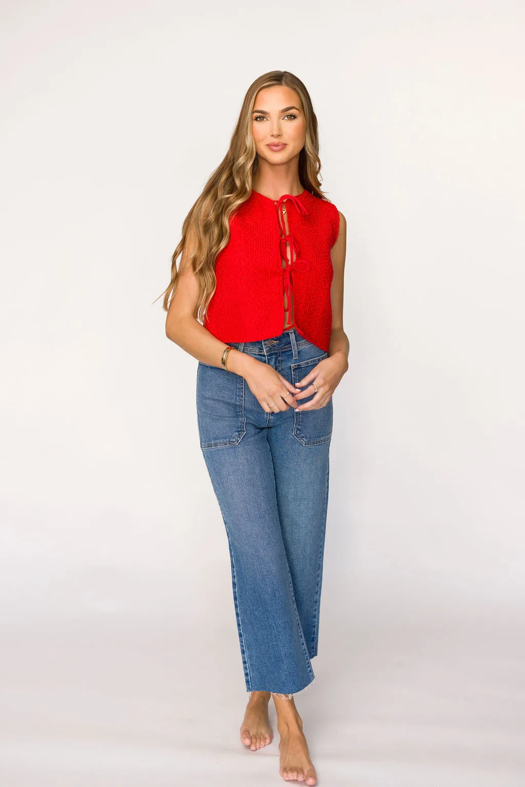 Kate Knitted Tie-Front Vest in Red