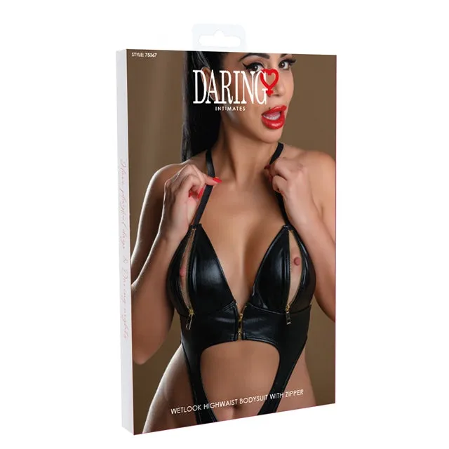 Lenjerie teddy DARING INTIMATES Wetlook Highwaist Bodysuit with Zipper. cu material lucios și fermoar auriu. negru. mărime S/M. model 75367