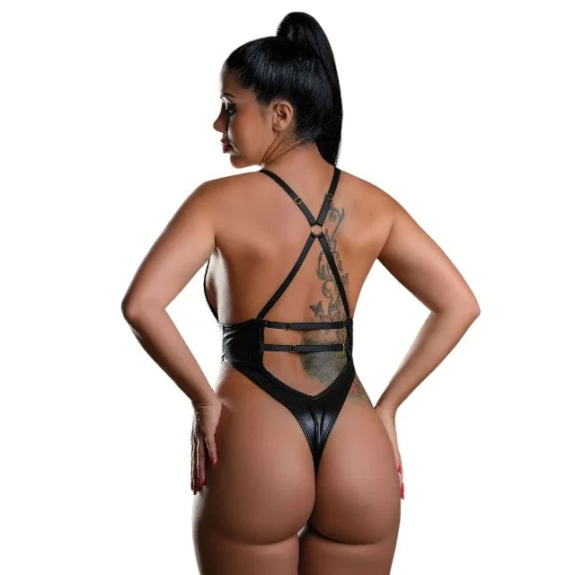Lenjerie teddy DARING INTIMATES Wetlook Highwaist Bodysuit with Zipper. cu material lucios și fermoar auriu. negru. mărime S/M. model 75367