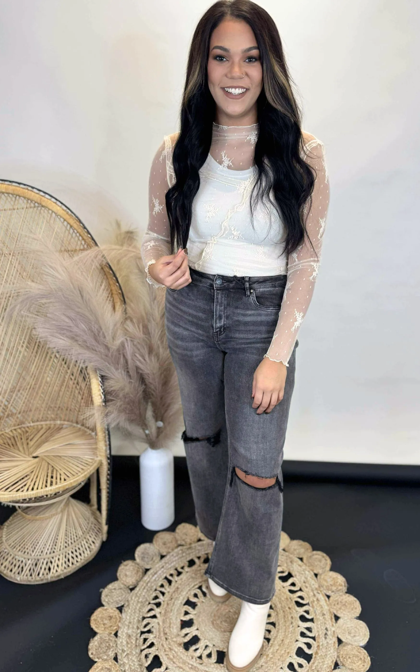 Lettuce Ruffle Sheer Mock Neck Lace Top - Final Sale