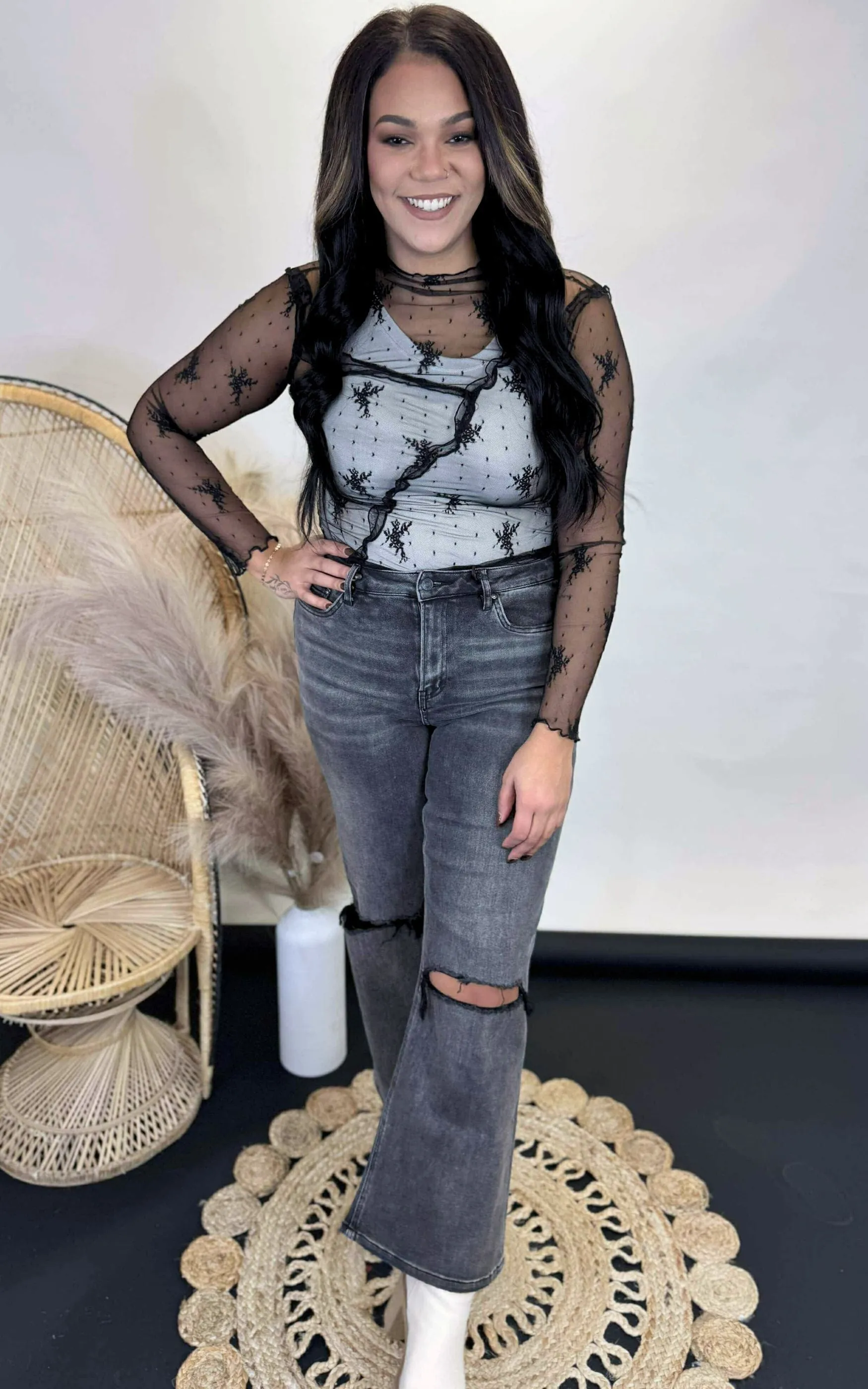 Lettuce Ruffle Sheer Mock Neck Lace Top - Final Sale