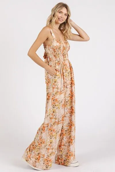 Mittoshop Flower Print Gathered Bust Sleeveless Jumpsuit
