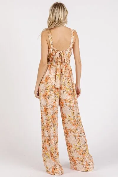 Mittoshop Flower Print Gathered Bust Sleeveless Jumpsuit