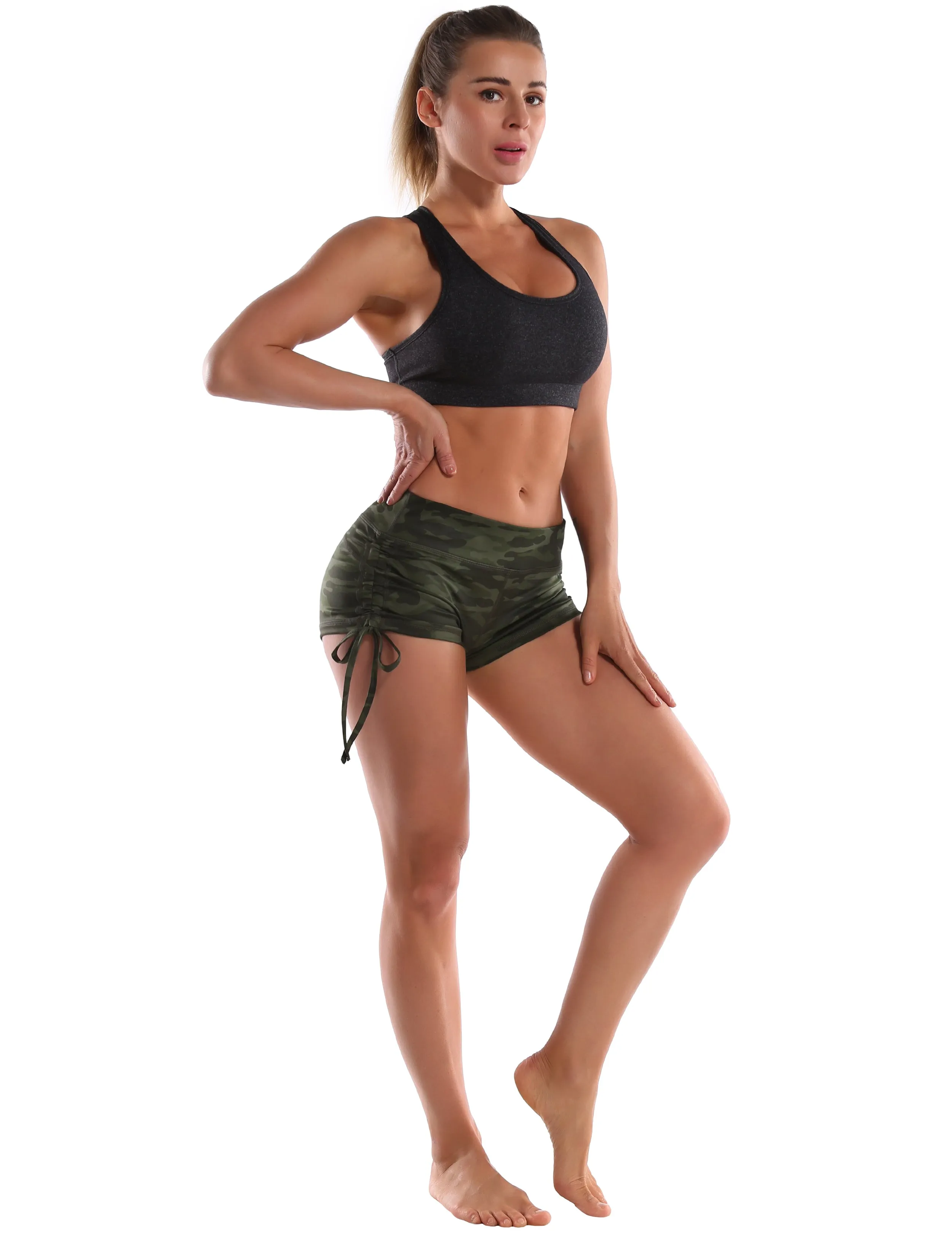 Printed Side Drawstring Hot Shorts green camo_Pilates