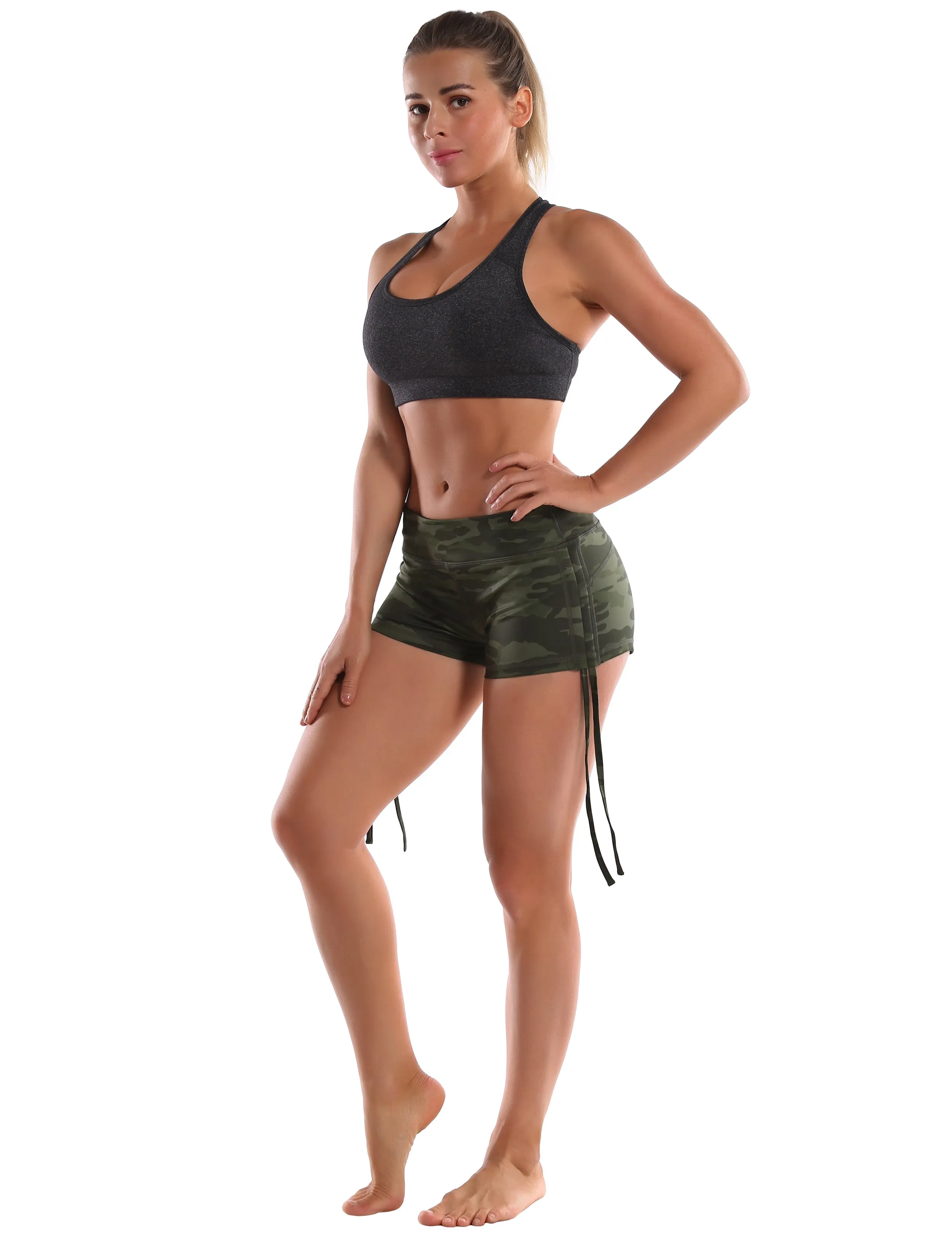 Printed Side Drawstring Hot Shorts green camo_Pilates