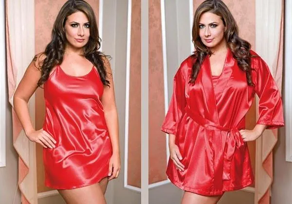 Red Passions 2pc Satin Penoir Set Plus Size