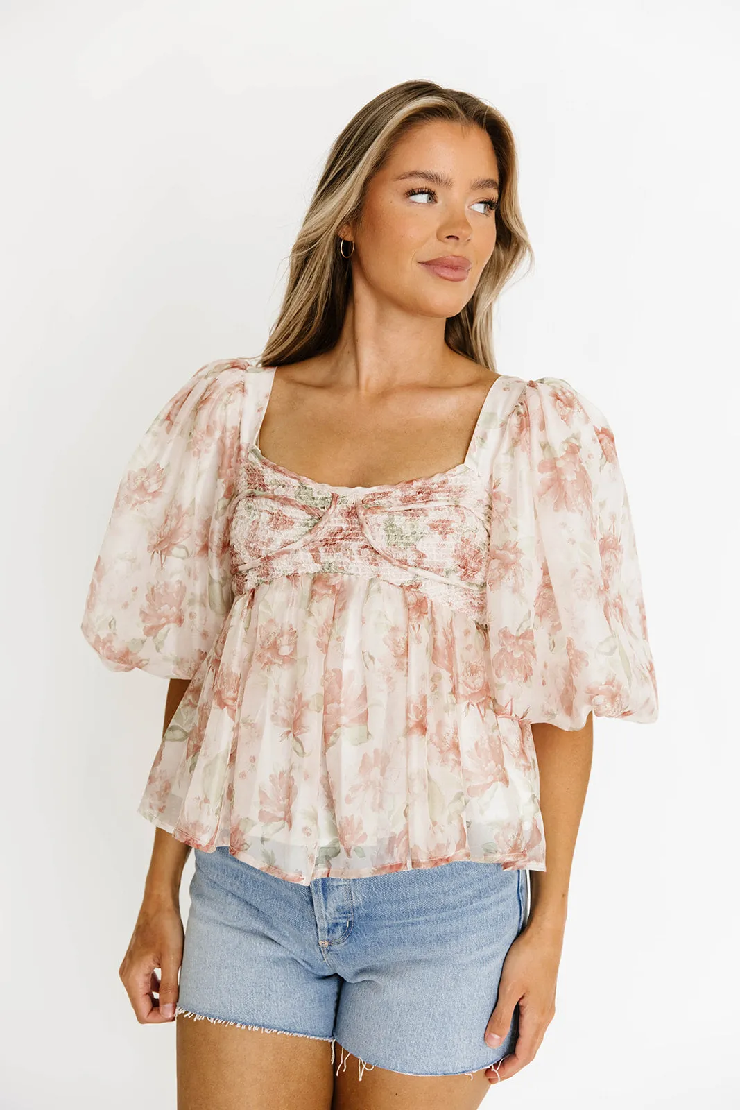 Saint Malo Floral Smocked Top in Peach