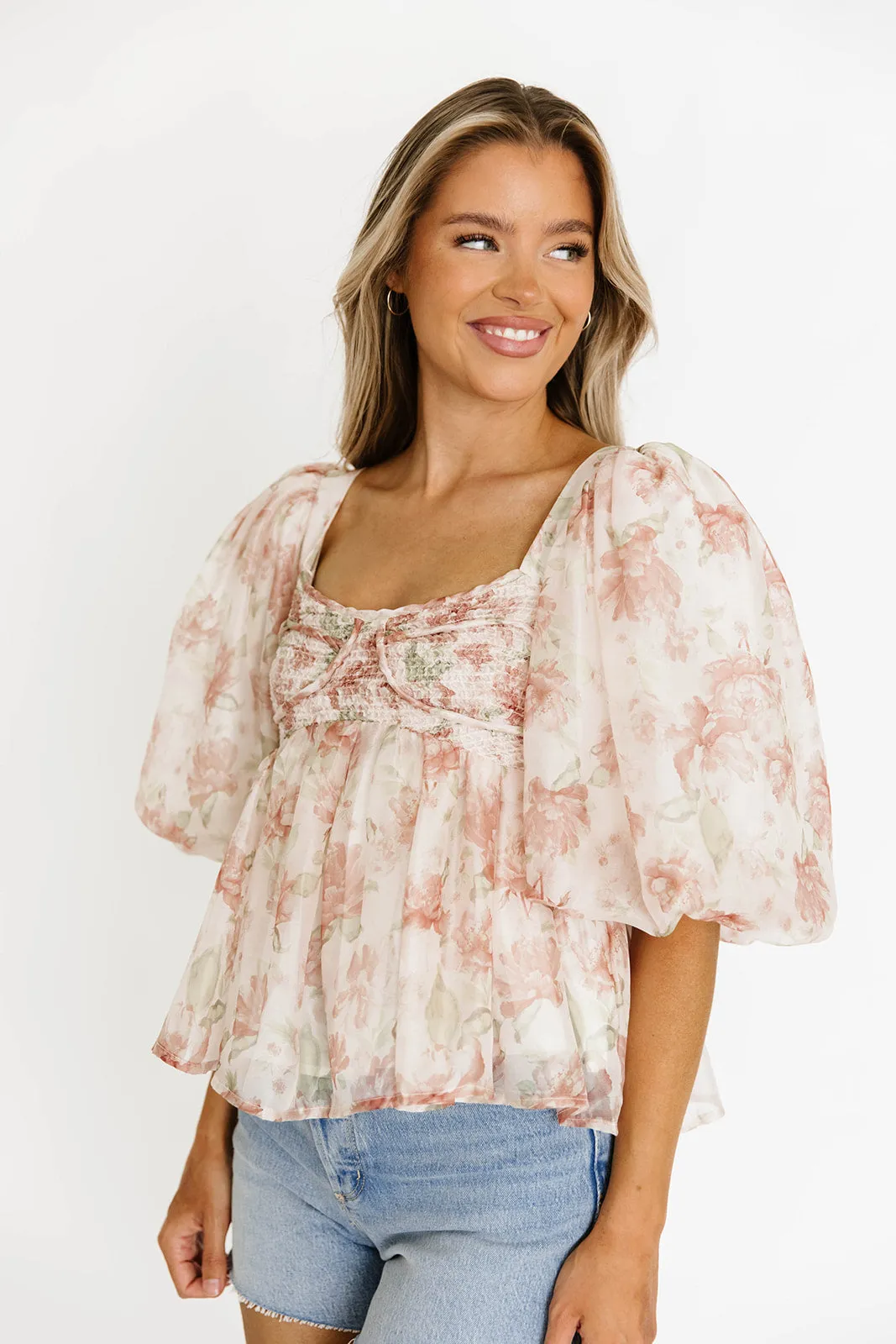 Saint Malo Floral Smocked Top in Peach