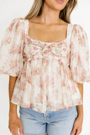 Saint Malo Floral Smocked Top in Peach
