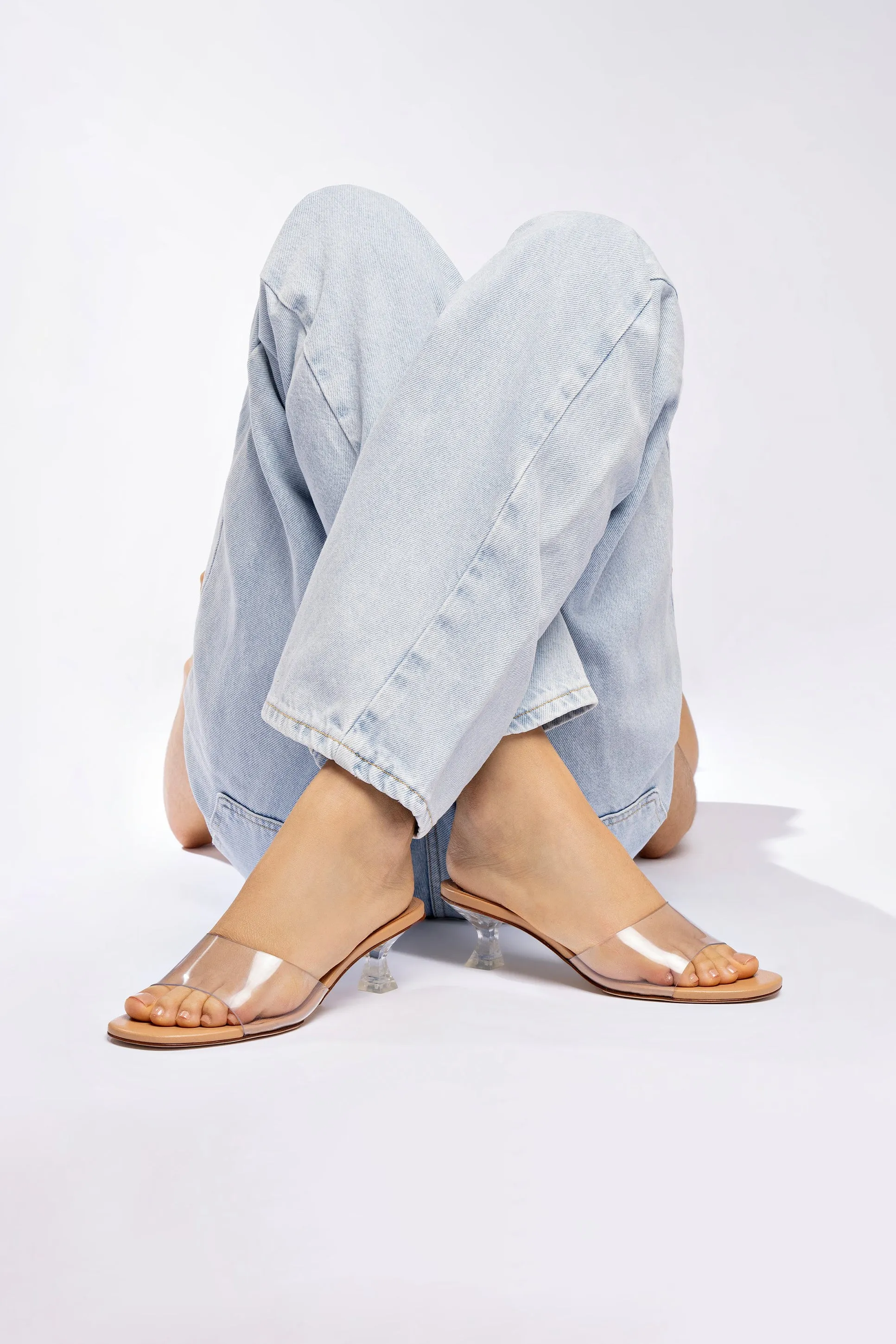 Vivi Lucite Mule In Tan Leather and Vinyl