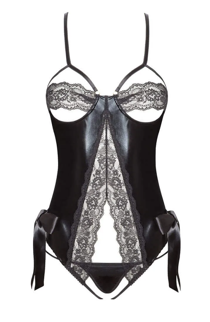 Wet look bodysuit with satin cuffs - Ellie