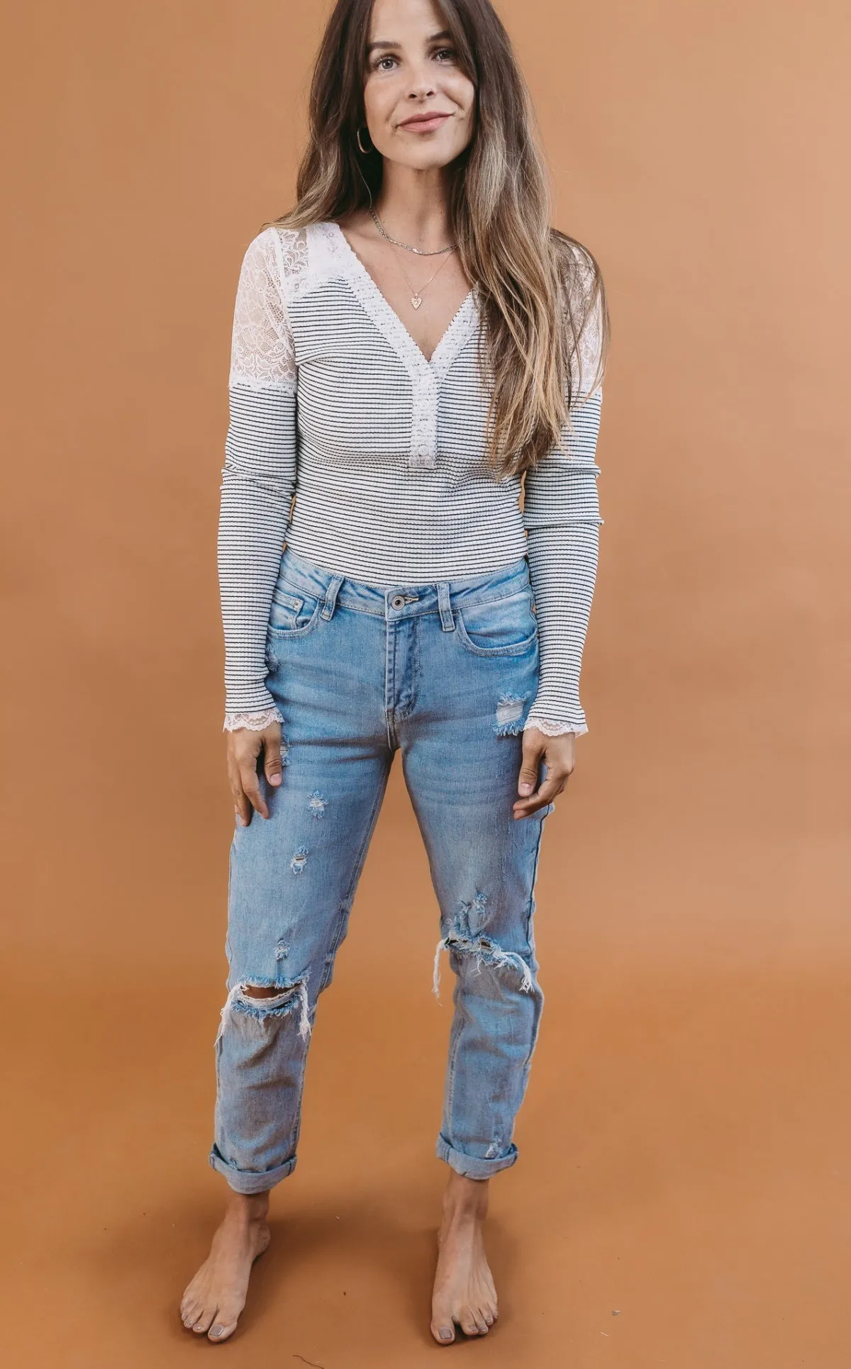White Birch Long Sleeve Striped Bodysuit W/ Lace Trim